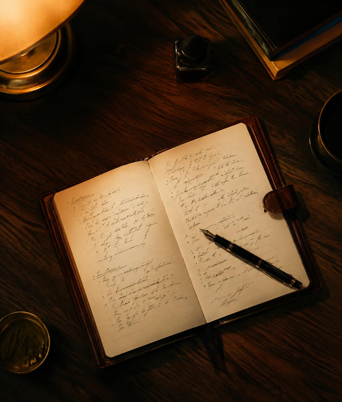 An open notebook with handwritten goals beside a fountain pen